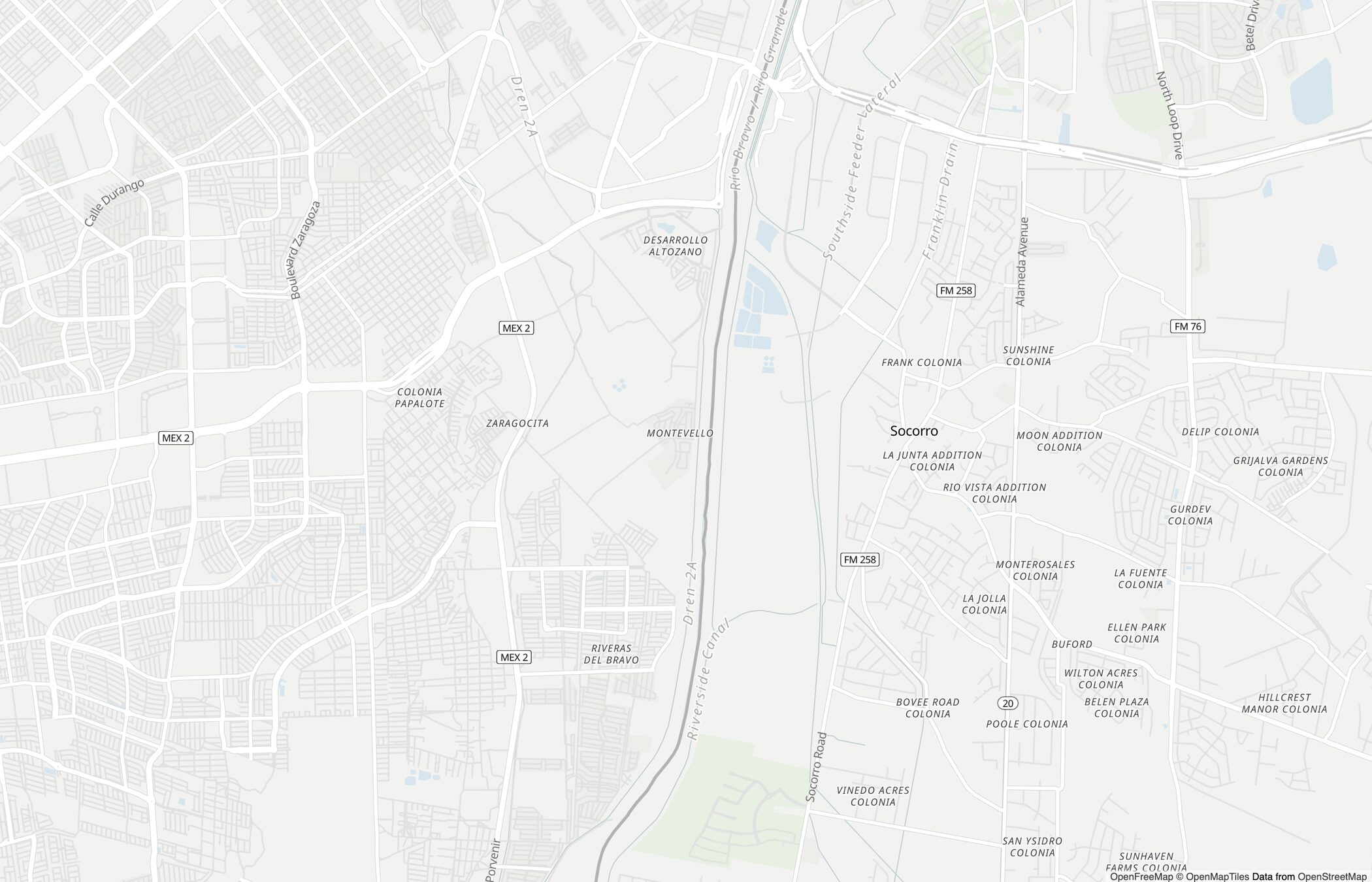 Mapa claro de Riberas del Bravo con el río Bravo