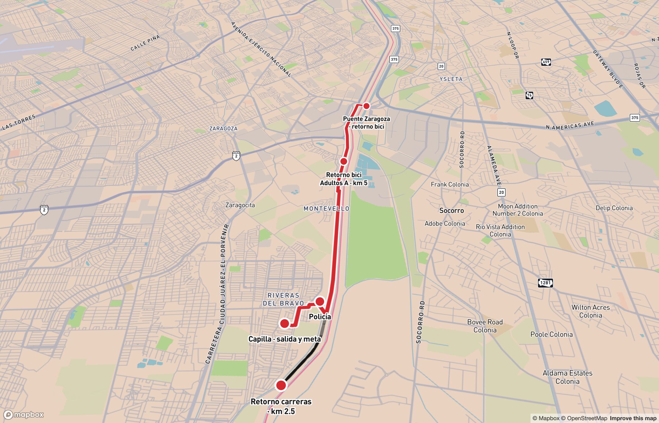 Mapa Mapbox de Riberas del Bravo con la ruta en rojo, la capilla, la policía y la vuelta en el bordo